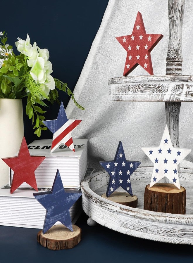 COCHIE 4th of July Decorations Wooden Star Set of 6, Labor Day Decor, Patriotic Memorial Day Tiered Tray Decor, Red White and Blue Veterans Day Decorations for Home Office Table Shelf (Vintage) - Image 5